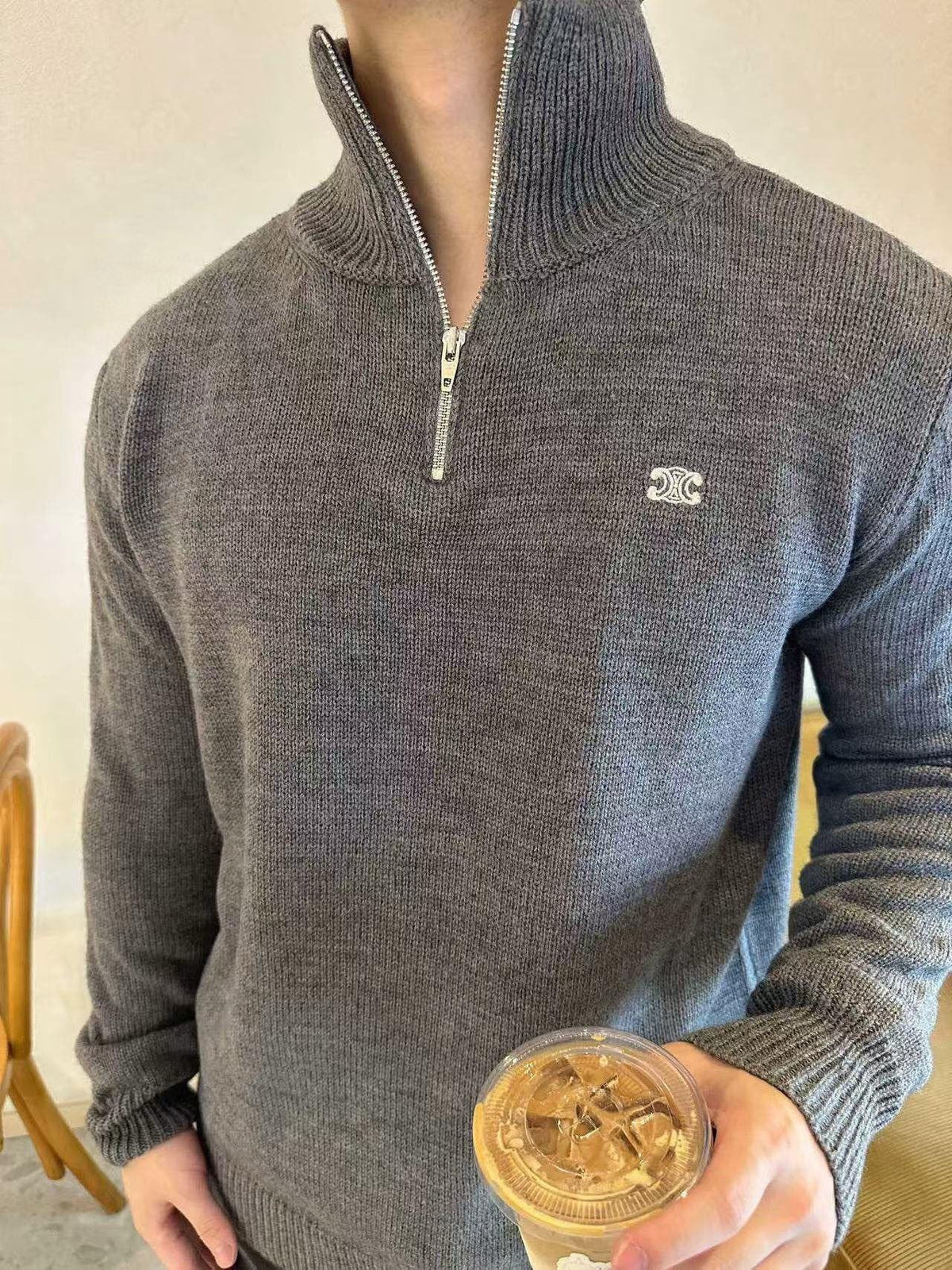 Celine Logo-Embroidered Wool & Cashmere Blend Half Zip Grey – foto 3